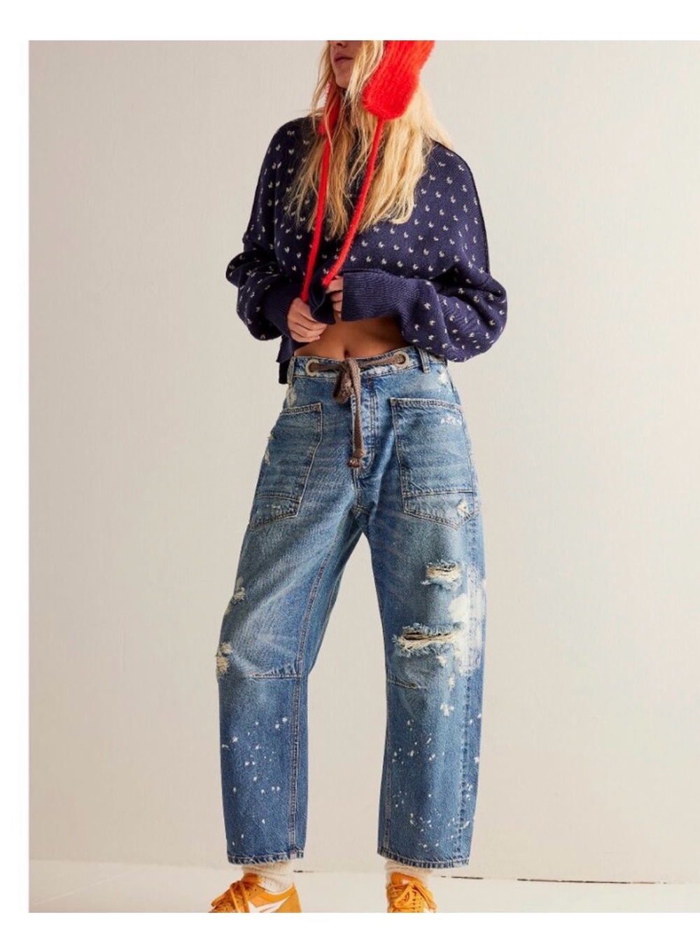 We The Free Relaxed Boyfriend Jeans in Washed Blue with Paint-Splatter